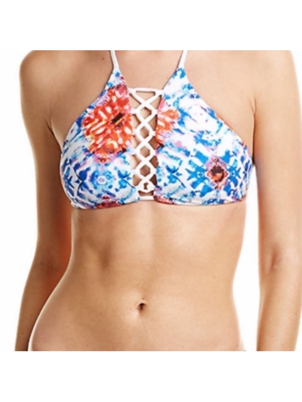 L*Space Reversible Strappy Bikini Top in Blue, Orange & White XS NWT